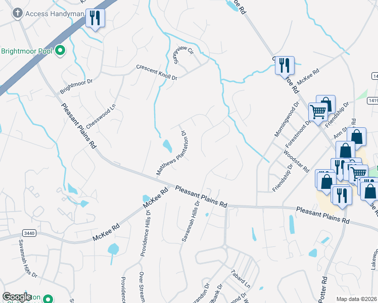 map of restaurants, bars, coffee shops, grocery stores, and more near 1320 Matthews Plantation Drive in Matthews