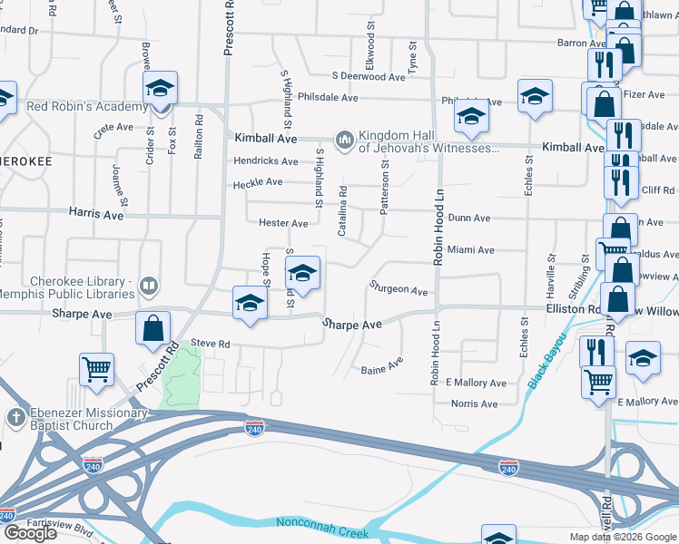 map of restaurants, bars, coffee shops, grocery stores, and more near 1596 Ellsworth Street in Memphis