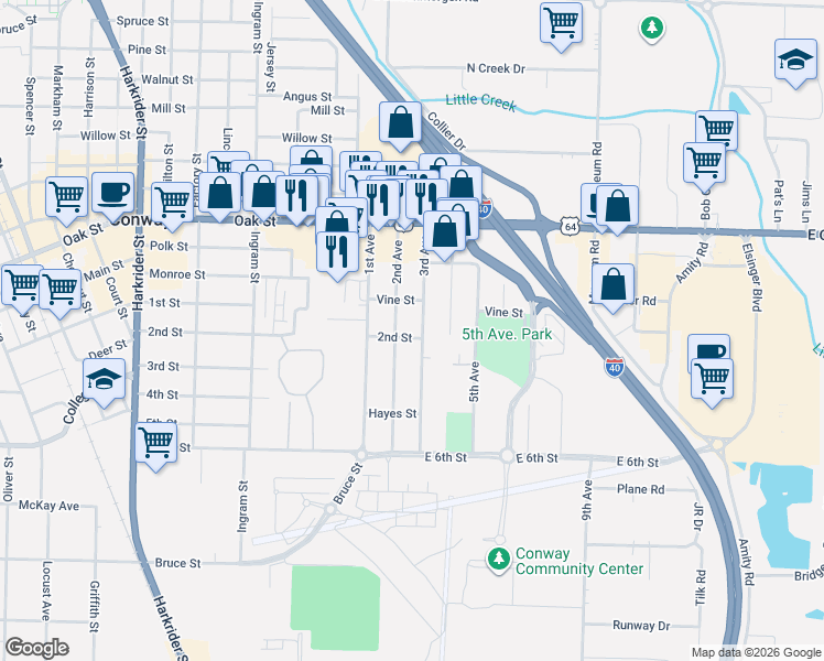 map of restaurants, bars, coffee shops, grocery stores, and more near 604 3rd Avenue in Conway