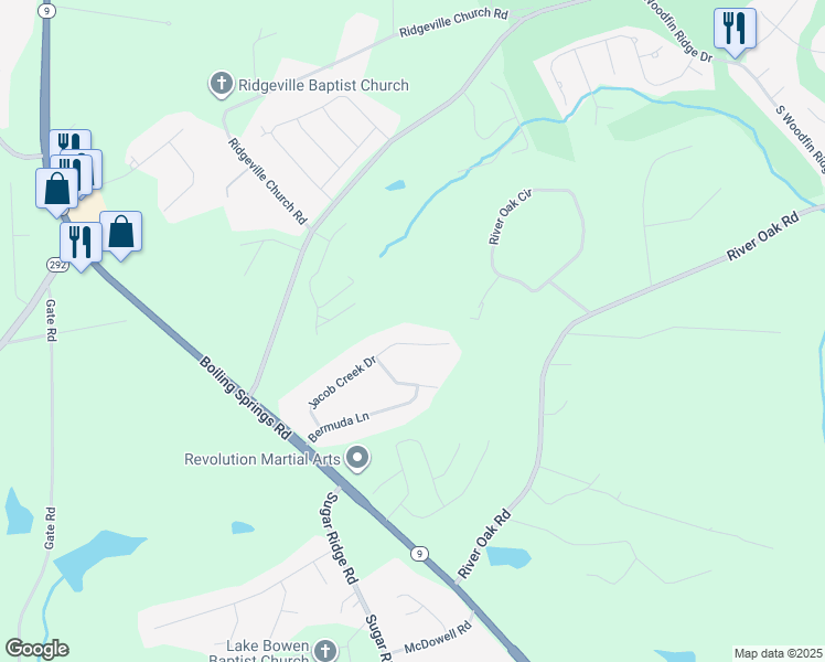 map of restaurants, bars, coffee shops, grocery stores, and more near 305 Jacob Creek Drive in Inman