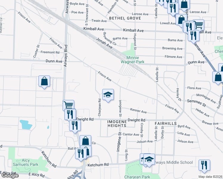 map of restaurants, bars, coffee shops, grocery stores, and more near 2101 Imogene Street in Memphis