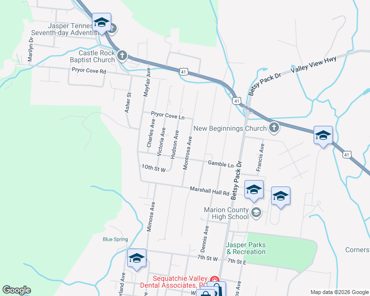 map of restaurants, bars, coffee shops, grocery stores, and more near 1005 Montrosa Avenue in Jasper