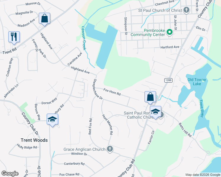 map of restaurants, bars, coffee shops, grocery stores, and more near 2218 Foxhorn Road in New Bern