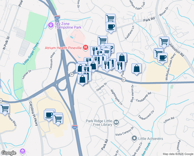 map of restaurants, bars, coffee shops, grocery stores, and more near 8850 Hunter Ridge Drive in Charlotte