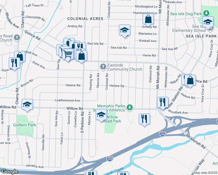 map of restaurants, bars, coffee shops, grocery stores, and more near 1588 Colonial Road in Memphis
