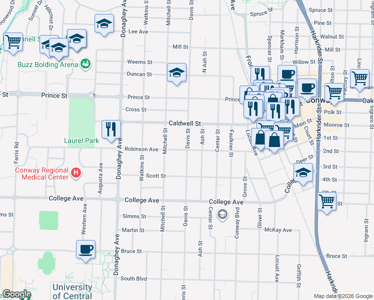 map of restaurants, bars, coffee shops, grocery stores, and more near in Conway