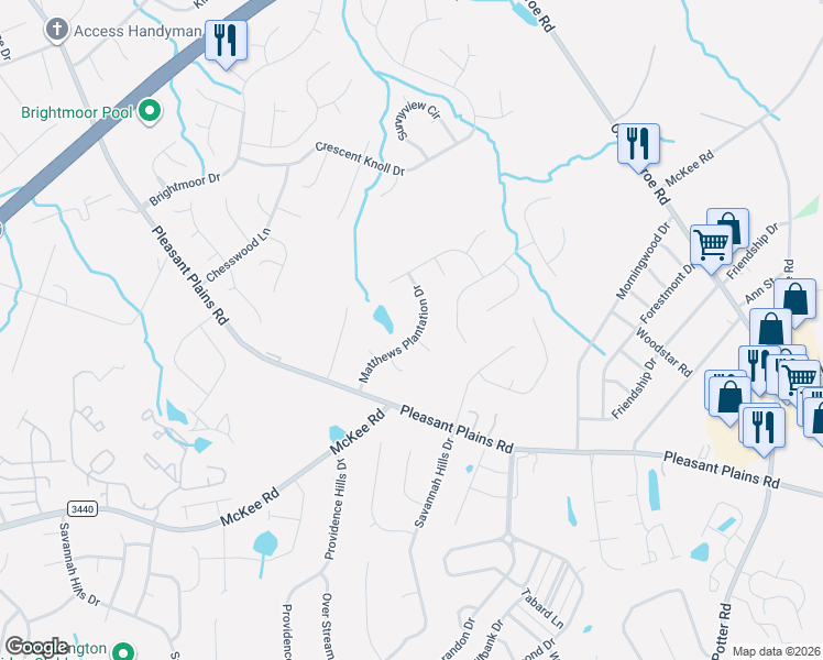 map of restaurants, bars, coffee shops, grocery stores, and more near 1320 Matthews Plantation Drive in Matthews