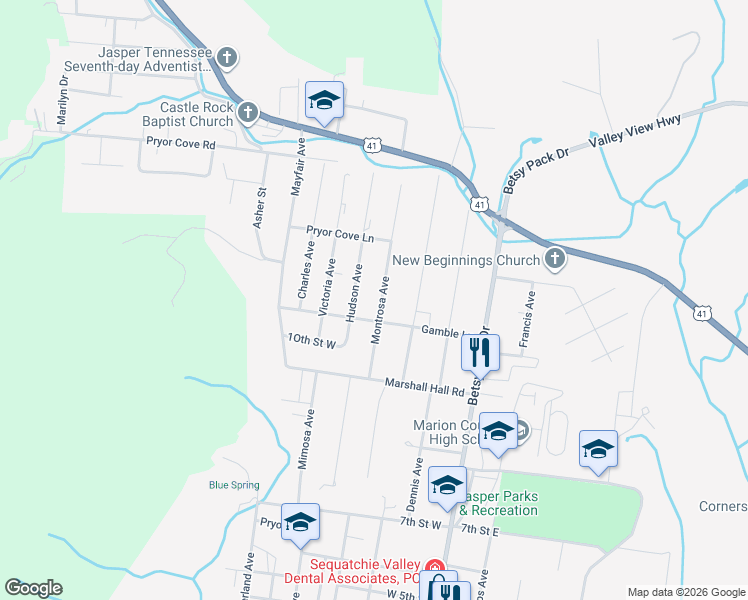 map of restaurants, bars, coffee shops, grocery stores, and more near 1005 Montrosa Avenue in Jasper