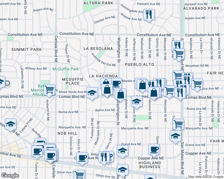 map of restaurants, bars, coffee shops, grocery stores, and more near 4142 Mesa Verde Avenue Northeast in Albuquerque