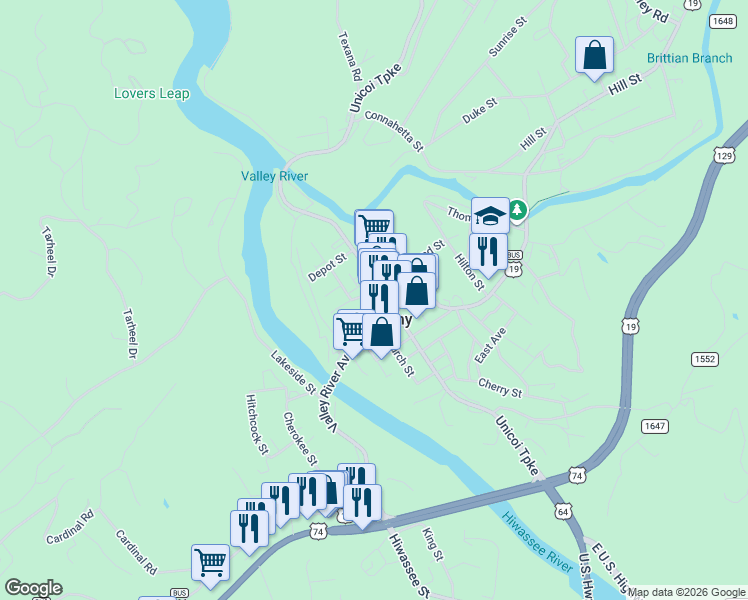 map of restaurants, bars, coffee shops, grocery stores, and more near 39 Tennessee Street in Murphy