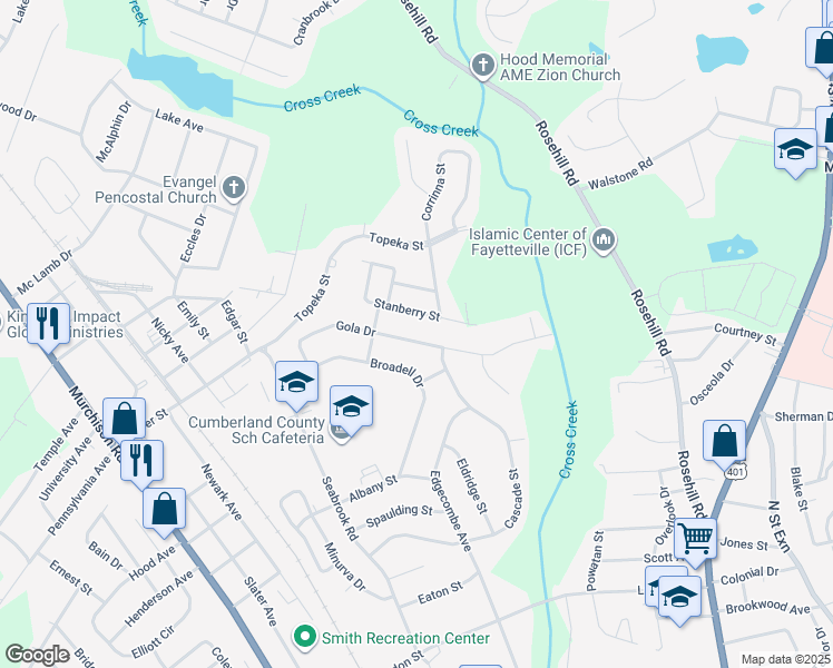 map of restaurants, bars, coffee shops, grocery stores, and more near 1853 Gola Drive in Fayetteville