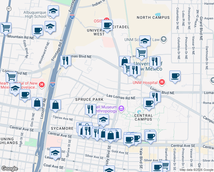 map of restaurants, bars, coffee shops, grocery stores, and more near 1418 Sigma Chi Road Northeast in Albuquerque