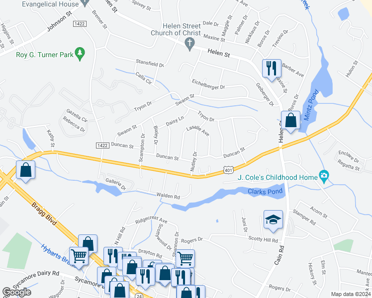 map of restaurants, bars, coffee shops, grocery stores, and more near 1825 Lasalle Avenue in Fayetteville