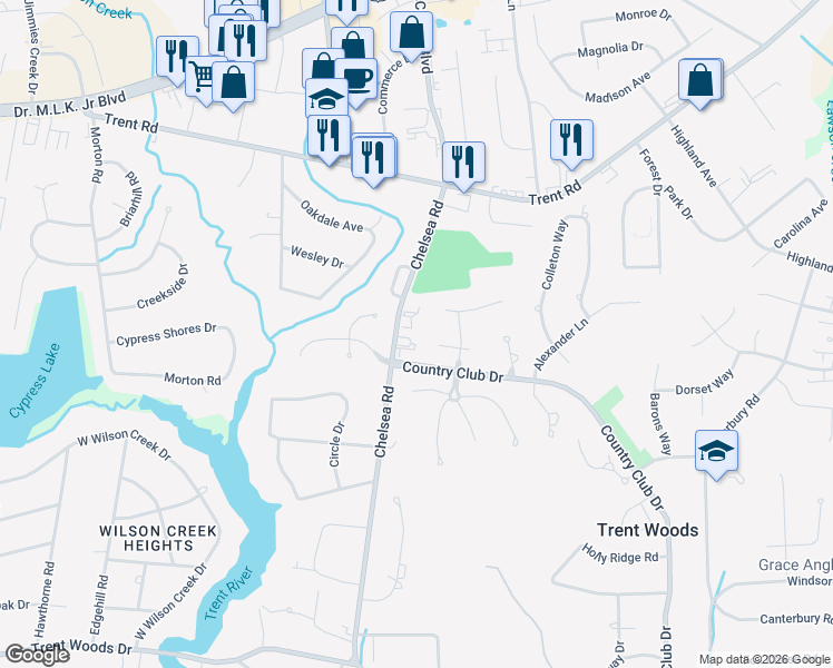 map of restaurants, bars, coffee shops, grocery stores, and more near 900 Chelsea Road in Trent Woods