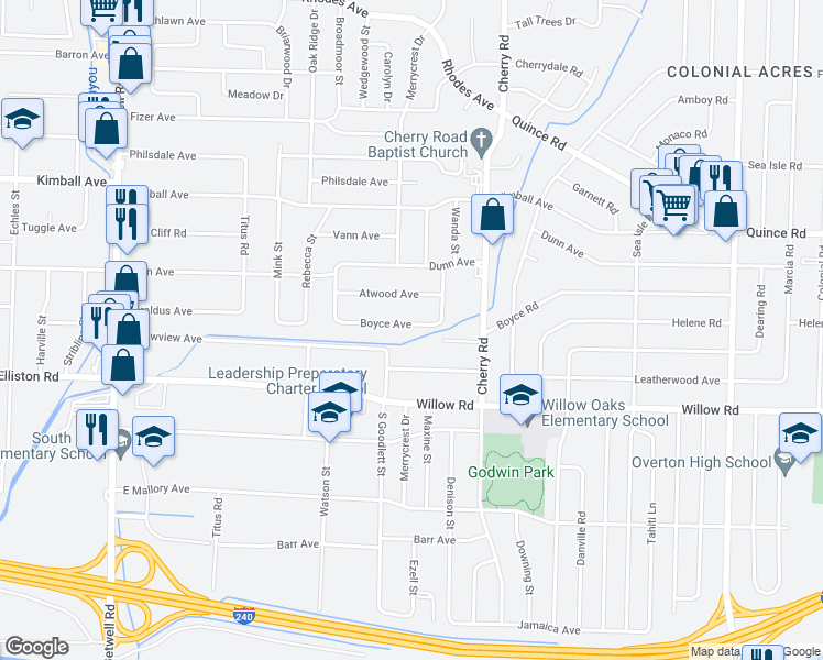 map of restaurants, bars, coffee shops, grocery stores, and more near 4277 Boyce Avenue in Memphis