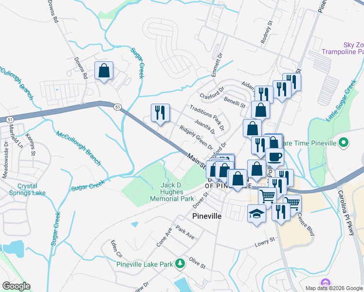 map of restaurants, bars, coffee shops, grocery stores, and more near 611 Main Street in Pineville