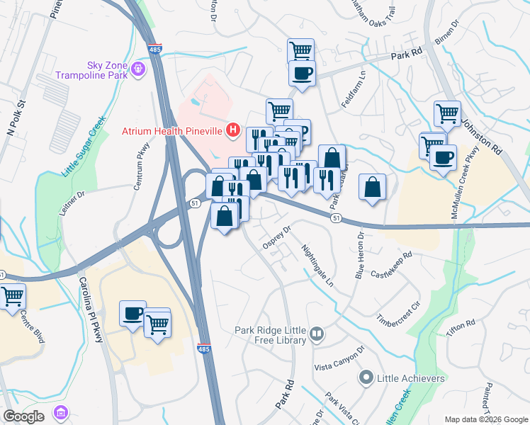 map of restaurants, bars, coffee shops, grocery stores, and more near 8842 Hunter Ridge Drive in Charlotte