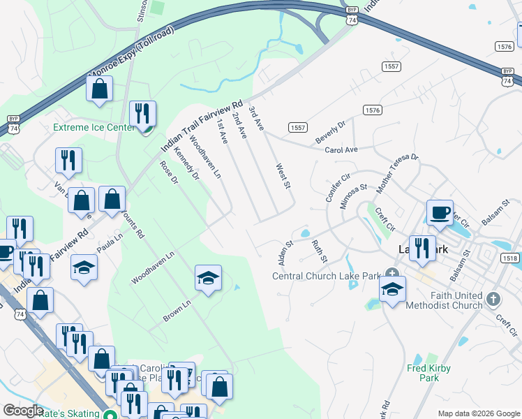 map of restaurants, bars, coffee shops, grocery stores, and more near 6606 1st Avenue in Indian Trail