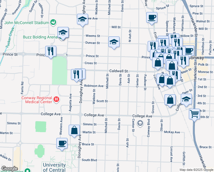 map of restaurants, bars, coffee shops, grocery stores, and more near 1900 Robinson Avenue in Conway