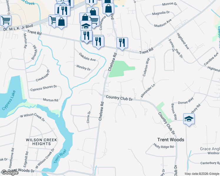map of restaurants, bars, coffee shops, grocery stores, and more near 900 Chelsea Road in Trent Woods