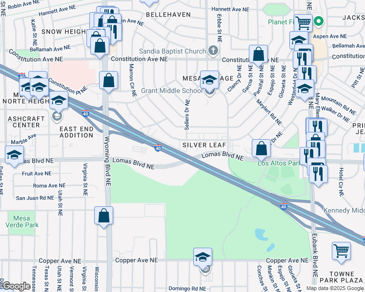 map of restaurants, bars, coffee shops, grocery stores, and more near 23 Sellers Drive Northeast in Albuquerque