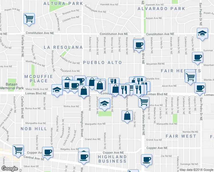 map of restaurants, bars, coffee shops, grocery stores, and more near 606 Madison Street Northeast in Albuquerque