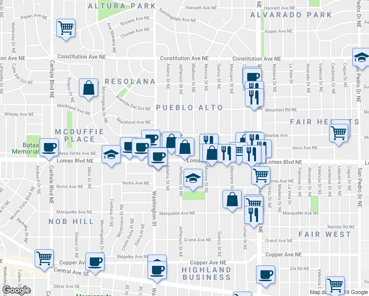 map of restaurants, bars, coffee shops, grocery stores, and more near 609 Jefferson Street Northeast in Albuquerque