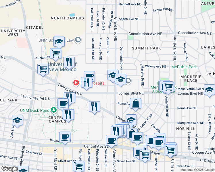map of restaurants, bars, coffee shops, grocery stores, and more near 716 Vassar Drive Northeast in Albuquerque