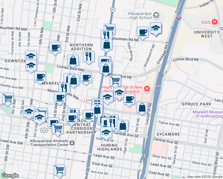 map of restaurants, bars, coffee shops, grocery stores, and more near 516 Arno Street Northeast in Albuquerque