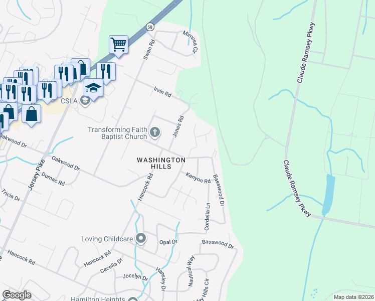 map of restaurants, bars, coffee shops, grocery stores, and more near 5507 Upshaw Drive in Chattanooga