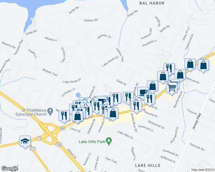 map of restaurants, bars, coffee shops, grocery stores, and more near 4616 Sunflower Lane in Chattanooga