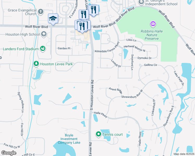 map of restaurants, bars, coffee shops, grocery stores, and more near 10019 Bushrod Cove in Collierville