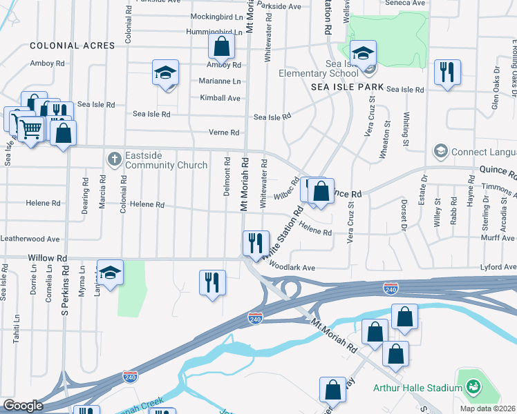 map of restaurants, bars, coffee shops, grocery stores, and more near 1607 Whitewater Road in Memphis
