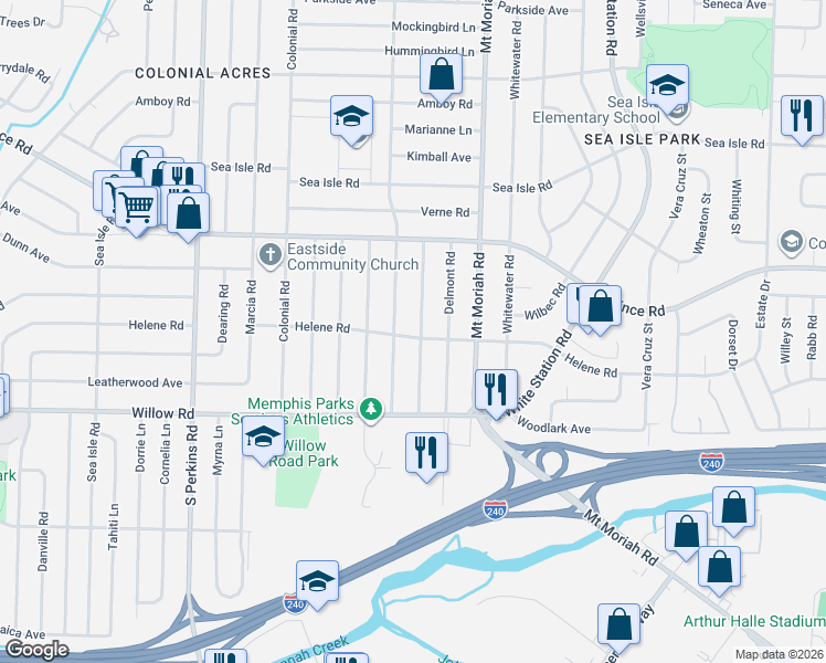 map of restaurants, bars, coffee shops, grocery stores, and more near 4927 Helene Road in Memphis