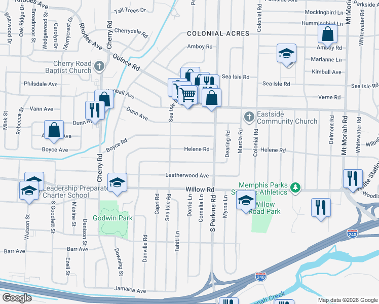 map of restaurants, bars, coffee shops, grocery stores, and more near 4604 East Dearing Road in Memphis