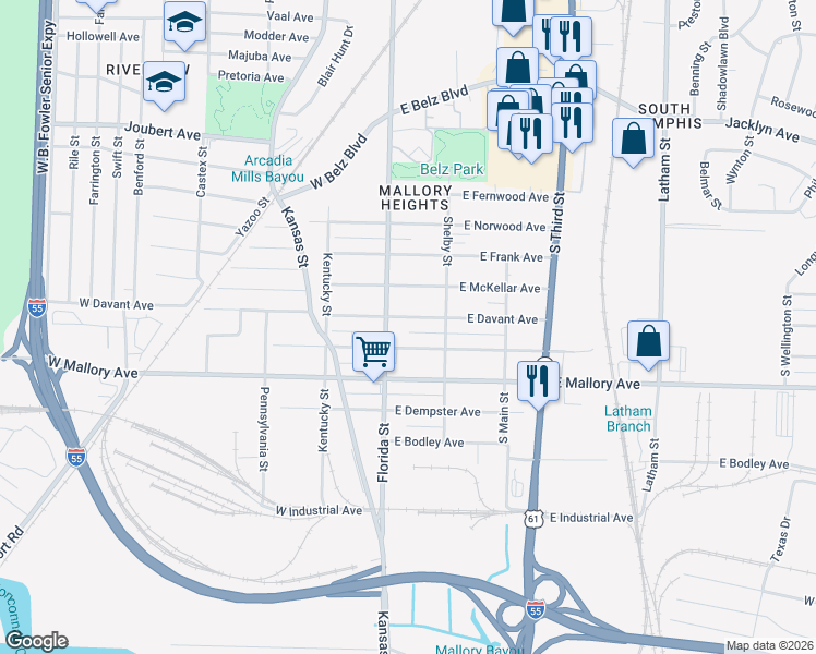 map of restaurants, bars, coffee shops, grocery stores, and more near 46 East Gage Avenue in Memphis