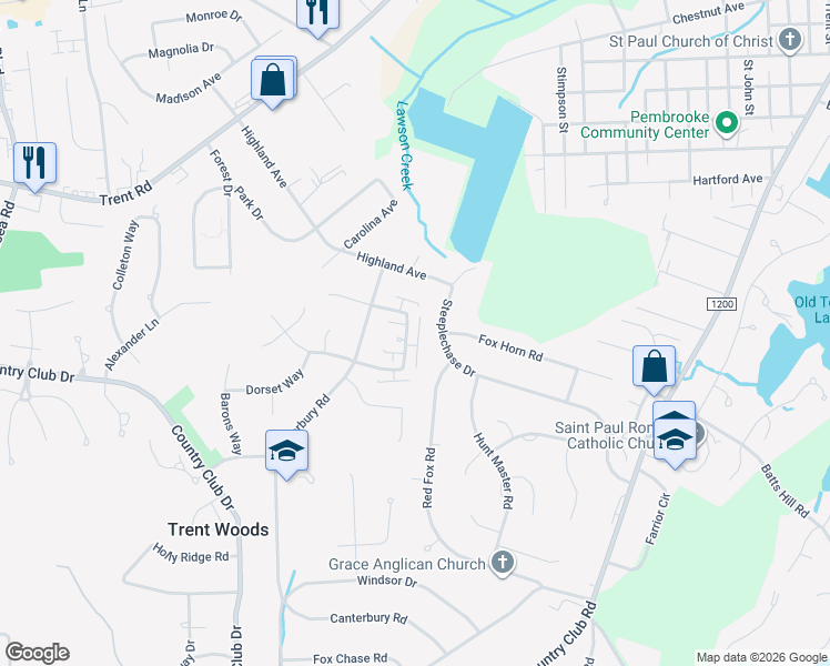 map of restaurants, bars, coffee shops, grocery stores, and more near 922 Buckingham Road in Trent Woods