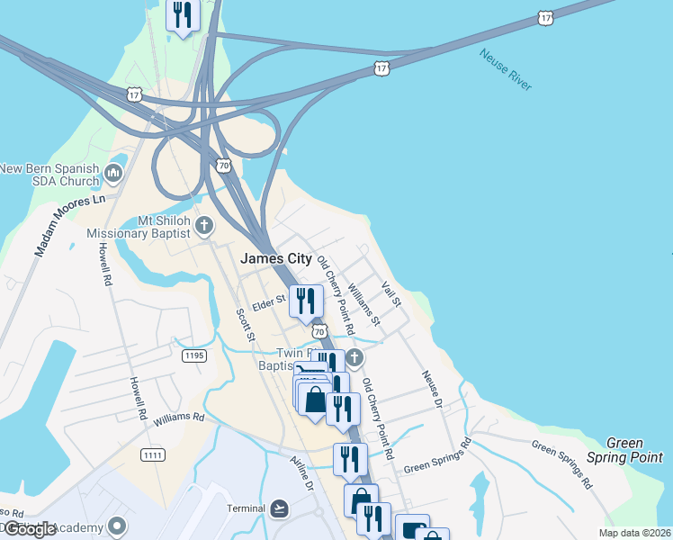 map of restaurants, bars, coffee shops, grocery stores, and more near 312 Elder Street in New Bern