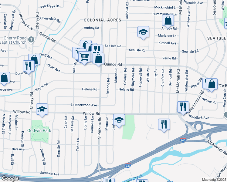 map of restaurants, bars, coffee shops, grocery stores, and more near 1583 Marcia Road in Memphis
