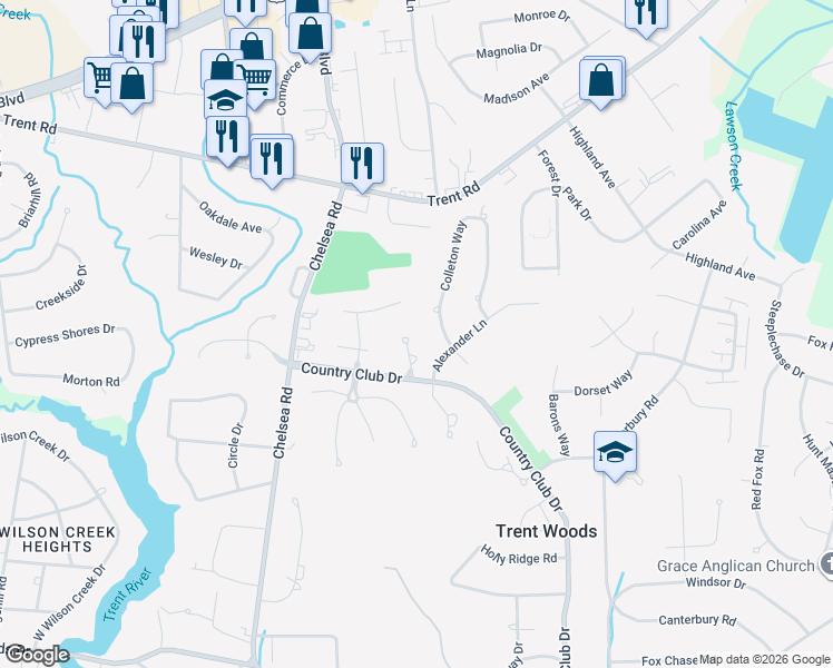 map of restaurants, bars, coffee shops, grocery stores, and more near 107 Chatham Pass in Trent Woods
