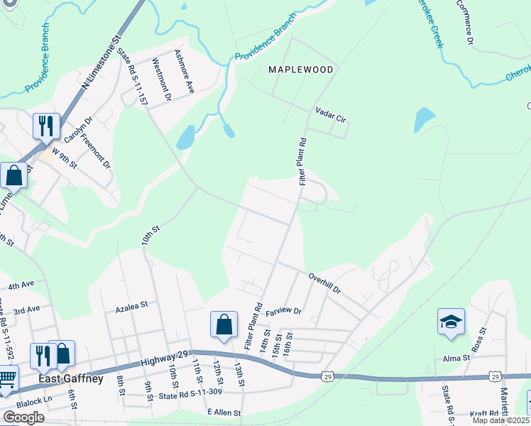 map of restaurants, bars, coffee shops, grocery stores, and more near 919 Bonner Lake Road in Gaffney