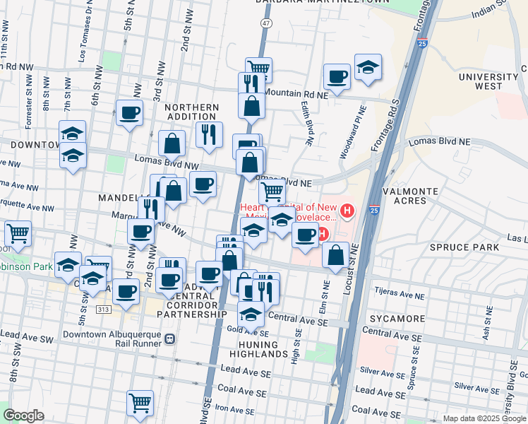 map of restaurants, bars, coffee shops, grocery stores, and more near 604 Arno Street Northeast in Albuquerque