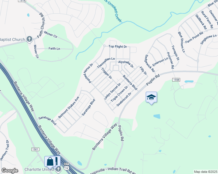 map of restaurants, bars, coffee shops, grocery stores, and more near 1026 Preakness Boulevard in Indian Trail