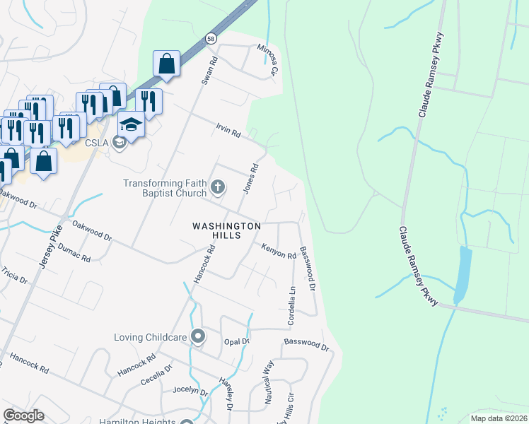map of restaurants, bars, coffee shops, grocery stores, and more near 5507 Upshaw Drive in Chattanooga