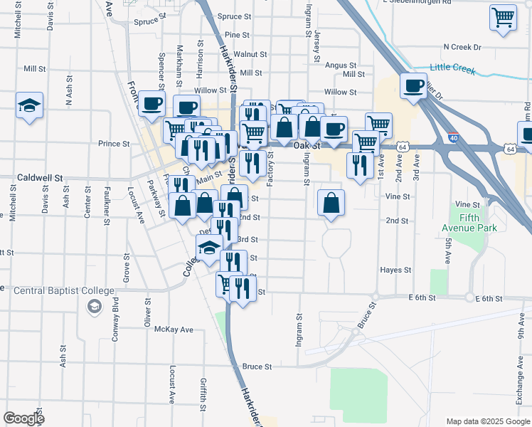 map of restaurants, bars, coffee shops, grocery stores, and more near 702 2nd Street in Conway