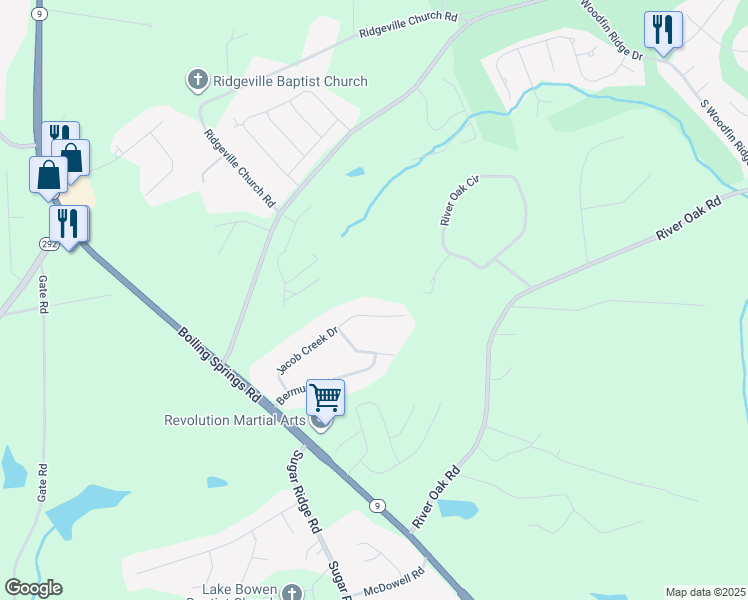 map of restaurants, bars, coffee shops, grocery stores, and more near 305 Jacob Creek Drive in Inman