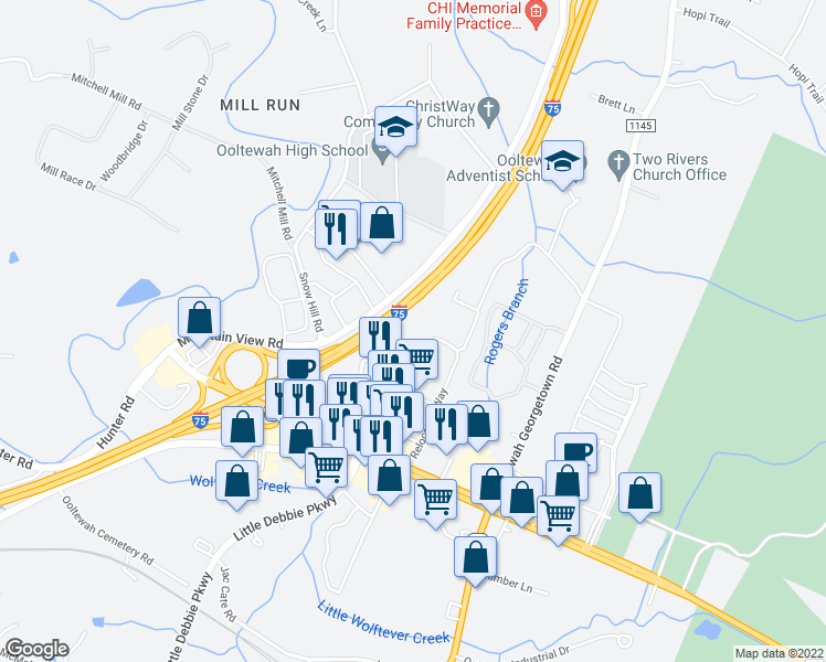 map of restaurants, bars, coffee shops, grocery stores, and more near 6059 Relocation Way in Ooltewah