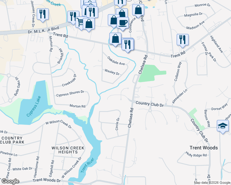 map of restaurants, bars, coffee shops, grocery stores, and more near 1102 Country Club Drive in Trent Woods