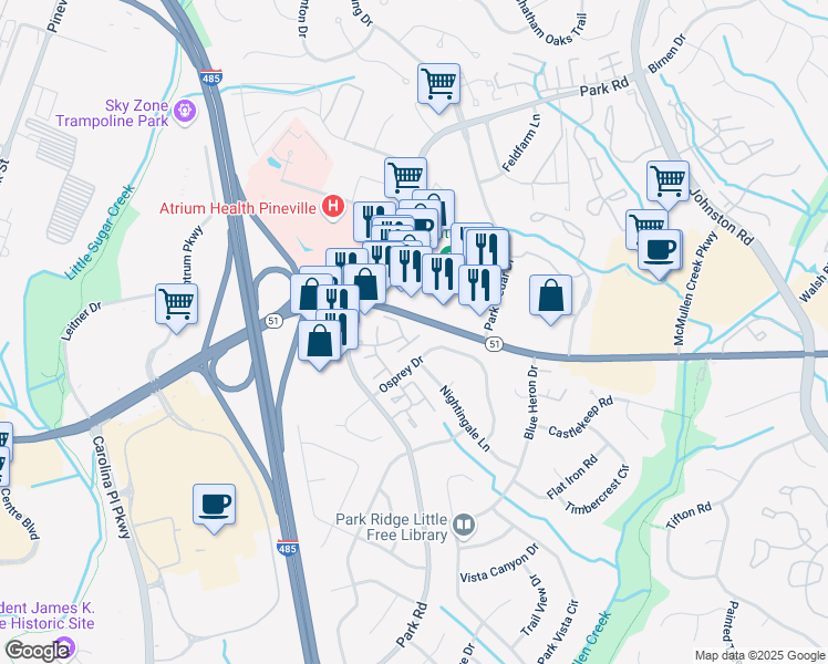 map of restaurants, bars, coffee shops, grocery stores, and more near 8809 Hunter Ridge Drive in Charlotte