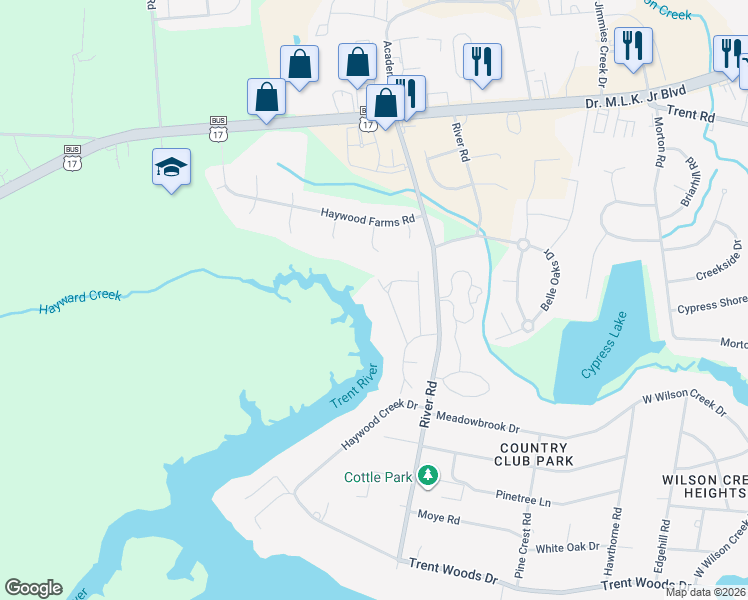map of restaurants, bars, coffee shops, grocery stores, and more near 907 Leeward Drive in Trent Woods